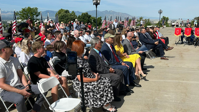 Utahns on Monday, May 29, 2023, gather at the south steps of the Capitol Building ahead of the state's Memorial Day Ceremony. (Photo: Daniel Woodruff, KUTV)