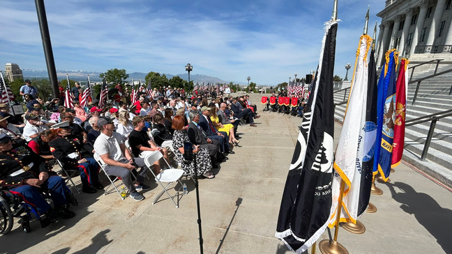 Utahns on Monday, May 29, 2023, gather at the south steps of the Capitol Building ahead of the state's Memorial Day Ceremony. (Photo: Daniel Woodruff, KUTV)